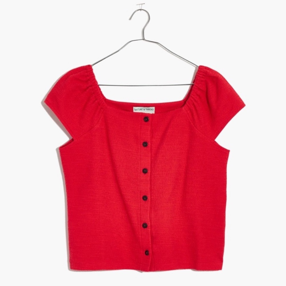 Madewell Texture & Thread Red Textured Button Front Cap Sleeve Cropped Top - L